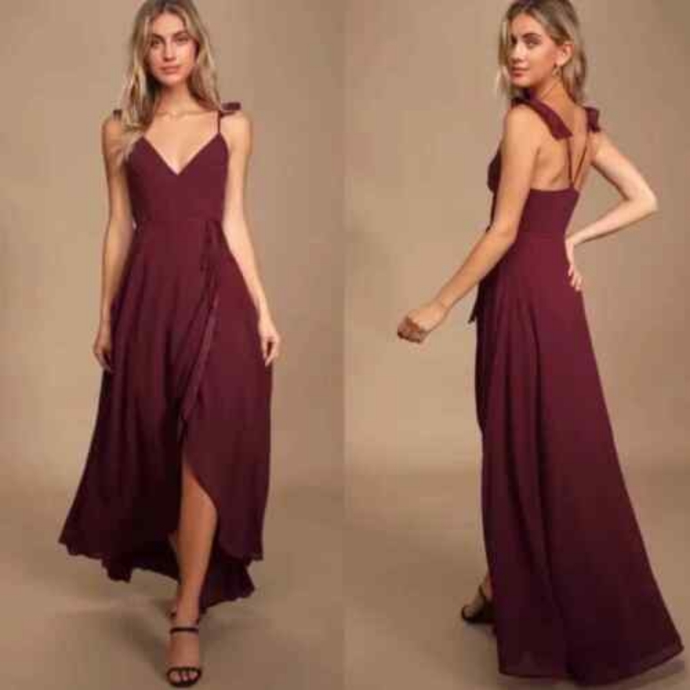 Lulu’s Here’s to Us Burgundy High Low Wrap Dress